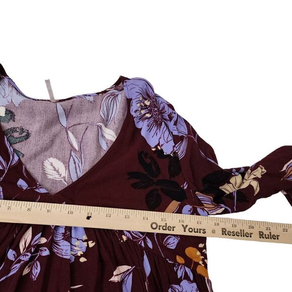Free People Blouse Small Purple Floral Bella Tunic Top Bell‎ Sleeve Flowy Boho - Picture 9 of 11